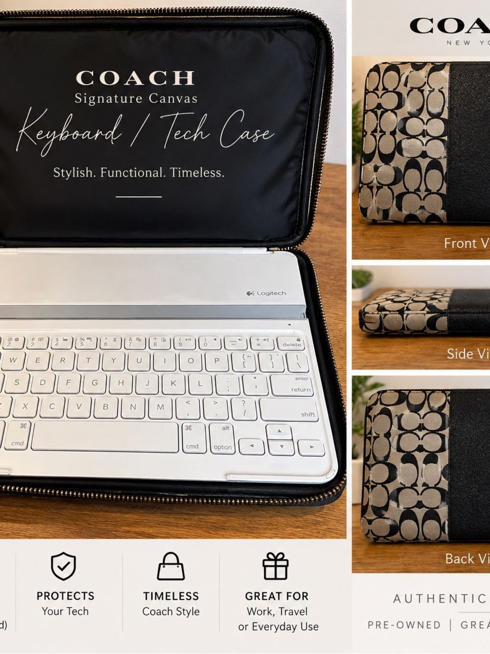 COACH Signature Canvas Keyboard/Tech Case in Black and Tan